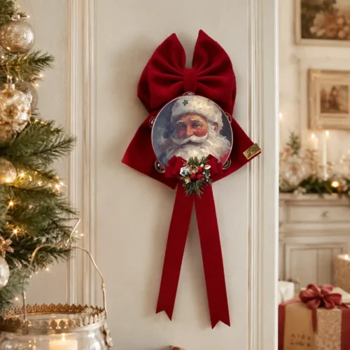 Fioccò rosso in bouclé con tamburello di Babbo Natale, bacche, pigne, rametti verdi e lunghi nastri pendenti.