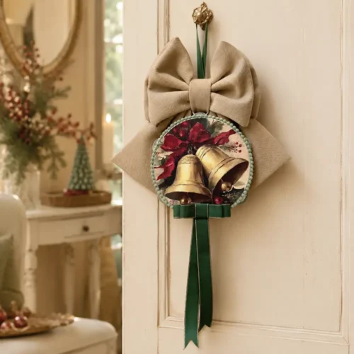 Fioccò natalizio beige a coste con grande fiocco, tamburello decorato con campane dorate e nastri verdi in velluto.