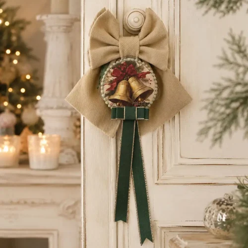 Fioccò beige a coste con maxi fiocco, tamburello con campane dorate e nastro verde in velluto della collezione Rintocco di Natale.