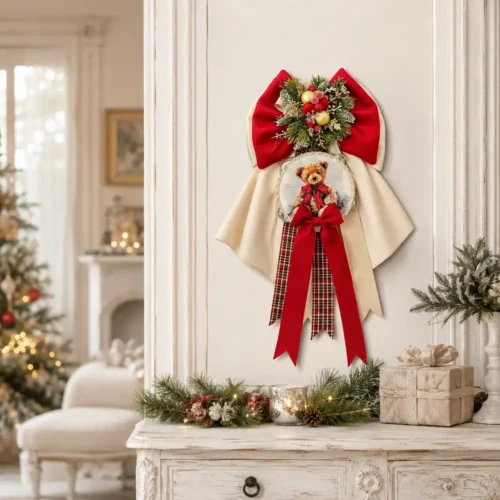 Fioccò Dolce Teddy rosso e panna con coccarda natalizia, tamburello con orsetto e nastri pendenti tartan, rossi e beige.