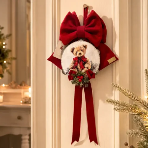 Fiocco natalizio rosso Dolce Teddy H 35 cm con tamburello decorativo, orsetto con fiocco rosso, bacche e rametti innevati.