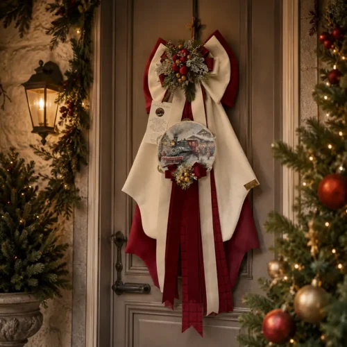Fioccò de Noël Madame Fioccò La Stazione dei Sogni de 80 cm, ivoire et bordeaux, avec rubans, décorations et tambourin avec train.