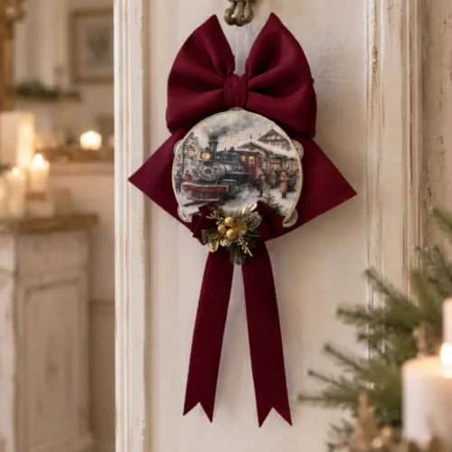 Fioccò La Gare des Rêves 35 cm avec tambour train de Noël, nœud rouge bordeaux et décoration florale dorée.
