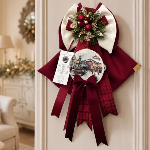 Fioccò La Stazione dei Sogni H 40 cm avec train de Noël, nœuds bordeaux et ivoire, rubans tartan et décors dorés.