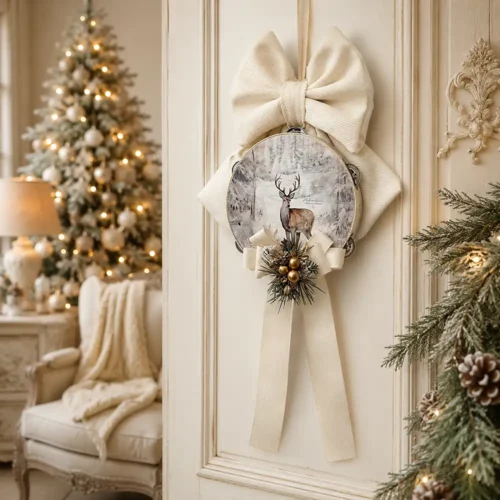 Fioccò Nobile Inverno Madame Fioccò avorio H 35 cm con cervo nel bosco innevato, fiocco e decorazioni dorate.