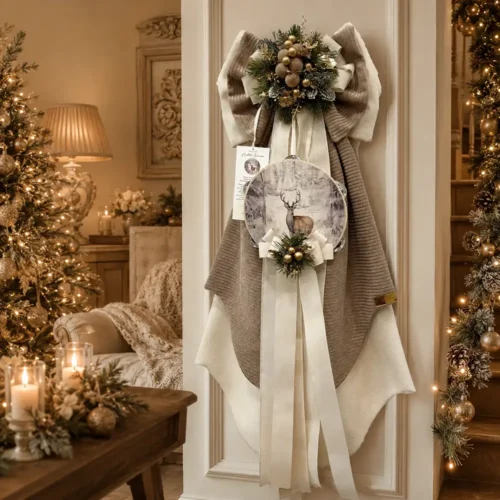 Fioccò Nobile Inverno Madame Fioccò H 80 cm con doppio fiocco avorio e tortora, tamburello con renna, nastri e decori dorati.
