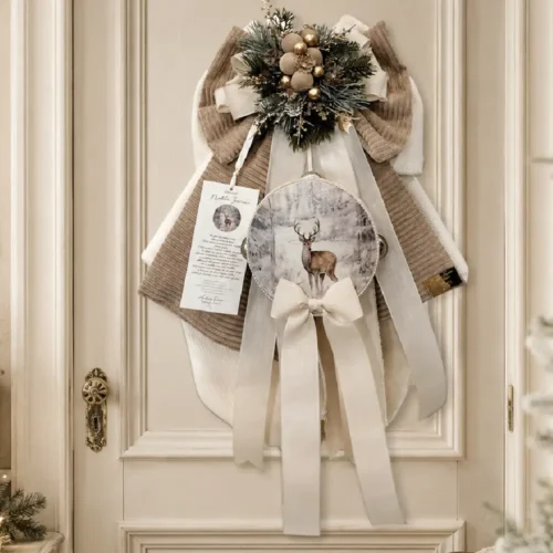 Fioccò Nobile Inverno Madame Fioccò H 50 cm con doppio fiocco avorio e tortora, tamburo con renna e decori natalizi dorati.