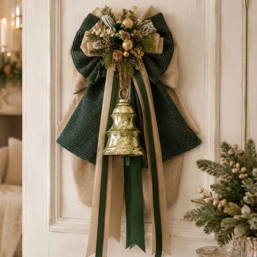 Fioccò natalizio beige e verde con campana dorata, rametti innevati, sfere decorative e lunghi nastri pendenti.