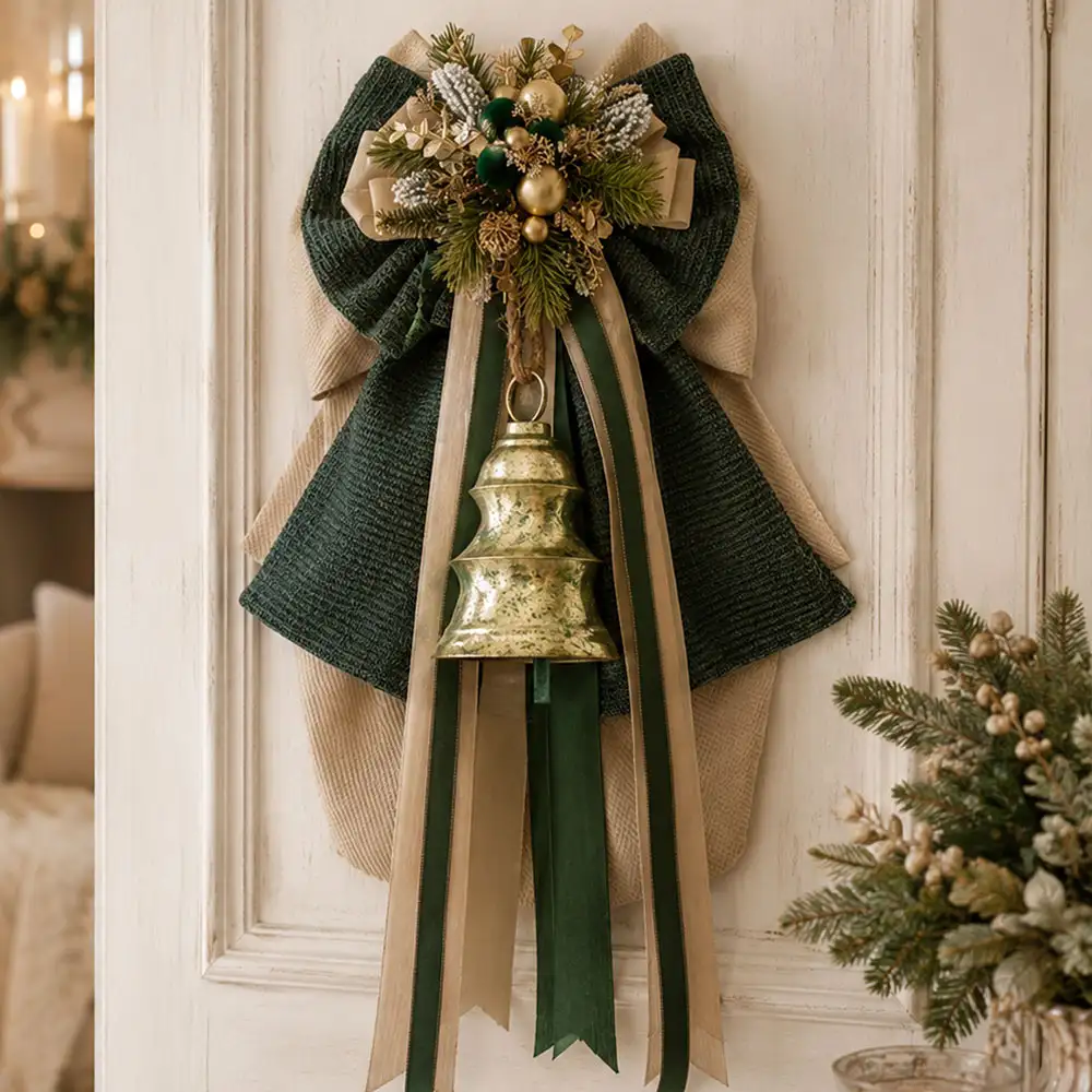 Fioccò natalizio beige e verde con campana dorata, rametti innevati, sfere decorative e lunghi nastri pendenti.