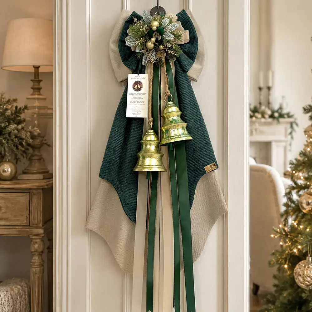 Fioccò natalizio beige e verde alto 80 cm, con due campane dorate anticate, rametti di pino, sfere e lunghi nastri coordinati.