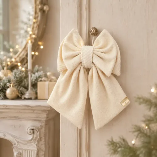 Fioccò Romantico bianco avorio H 30 cm, con ampi anelli sovrapposti, nodo centrale rivestito e code decorative.