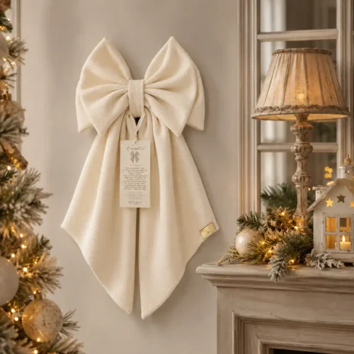 Fioccò Romantico bianco avorio H 55 cm con ampi anelli sovrapposti, nodo centrale e lunghe code decorative.