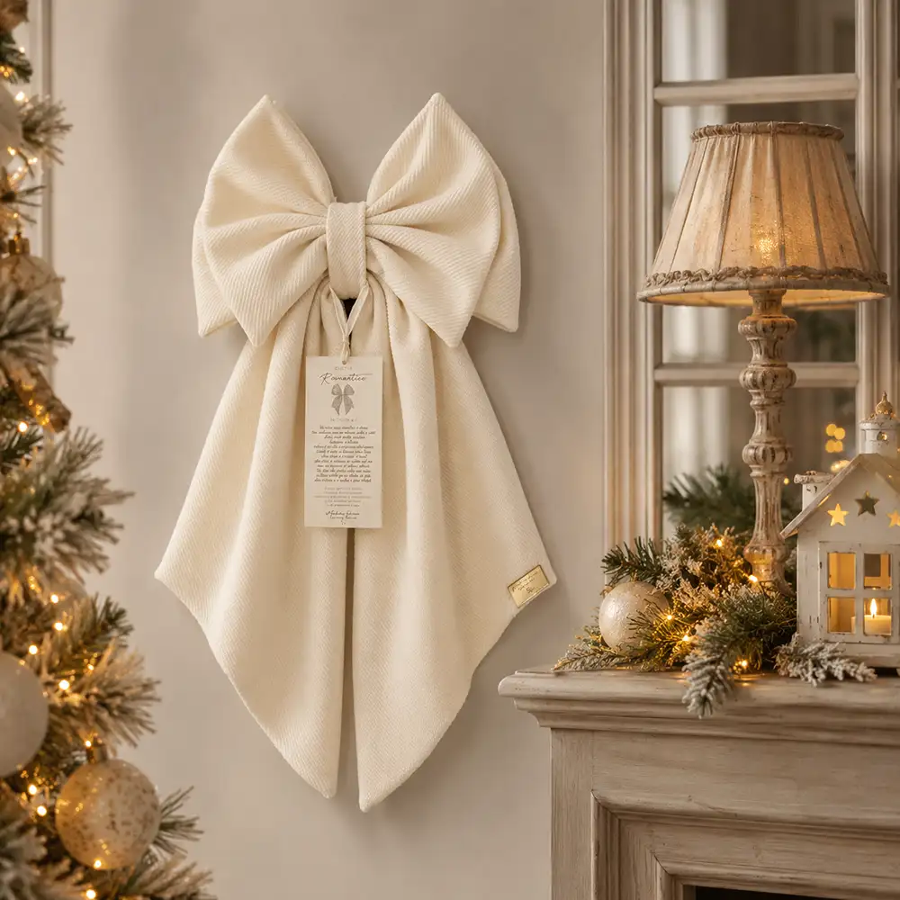 Fioccò Romantico bianco avorio H 55 cm con ampi anelli sovrapposti, nodo centrale e lunghe code decorative.