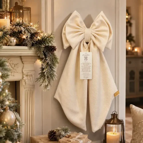 Fioccò Romantico bianco avorio H 65 cm con anelli sovrapposti, nodo centrale rivestito e lunghe code decorative.