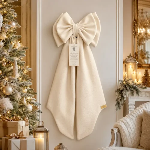 Fioccò Romantico bianco avorio H 85 cm con anelli sovrapposti, nodo centrale rivestito e lunghe code decorative.