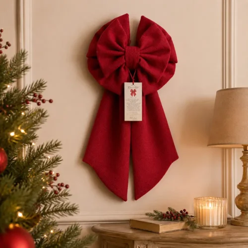 Maxi fiocco decorativo rosso Madame Fioccò con anelli sovrapposti e lunghe code, appeso alla parete in un ambiente natalizio.