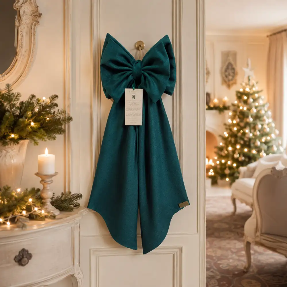 Fioccò Romantico vert pétrole de 85 cm de haut, avec de larges volants, un nœud central et de longues queues décoratives.