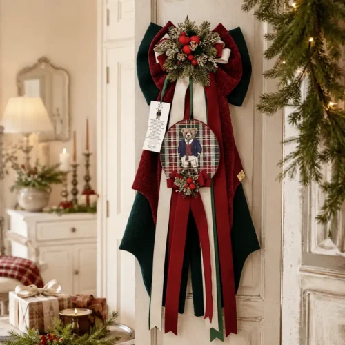 Fioccò verde e rosso della collezione Lord con nastri, decori vegetali, bacche e medaglione ovale con orsetto su fondo tartan.