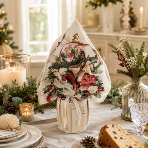 Foulard natalizio avorio Blanc Mariclò in cotone con stampa di campane, fiori, agrifoglio e nastri rossi, utilizzato come centrotavola o porta panettone della collezione Calessi e Calessini.