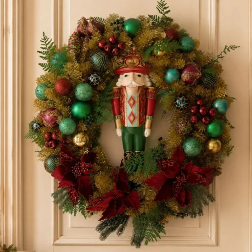 Guirnalda navideña dorada con un cascanueces de resina, bolas de colores, bayas y estrellas de Navidad de color burdeos.