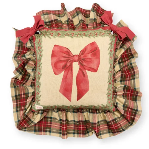 Cuscino sedia natalizio tartan con balza e fiocco 40 x 40 cm