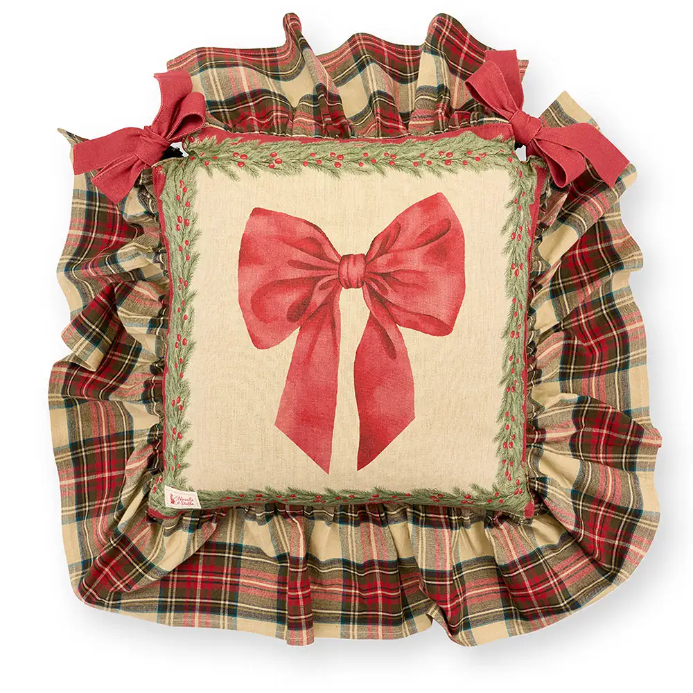 Cuscino sedia natalizio tartan con balza e fiocco 40 x 40 cm