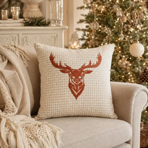 Coussin de Noël L'Atelier 17 40x40 cm à carreaux beige et blancs avec tête de renne Rudolph brodée en rouge rouille.