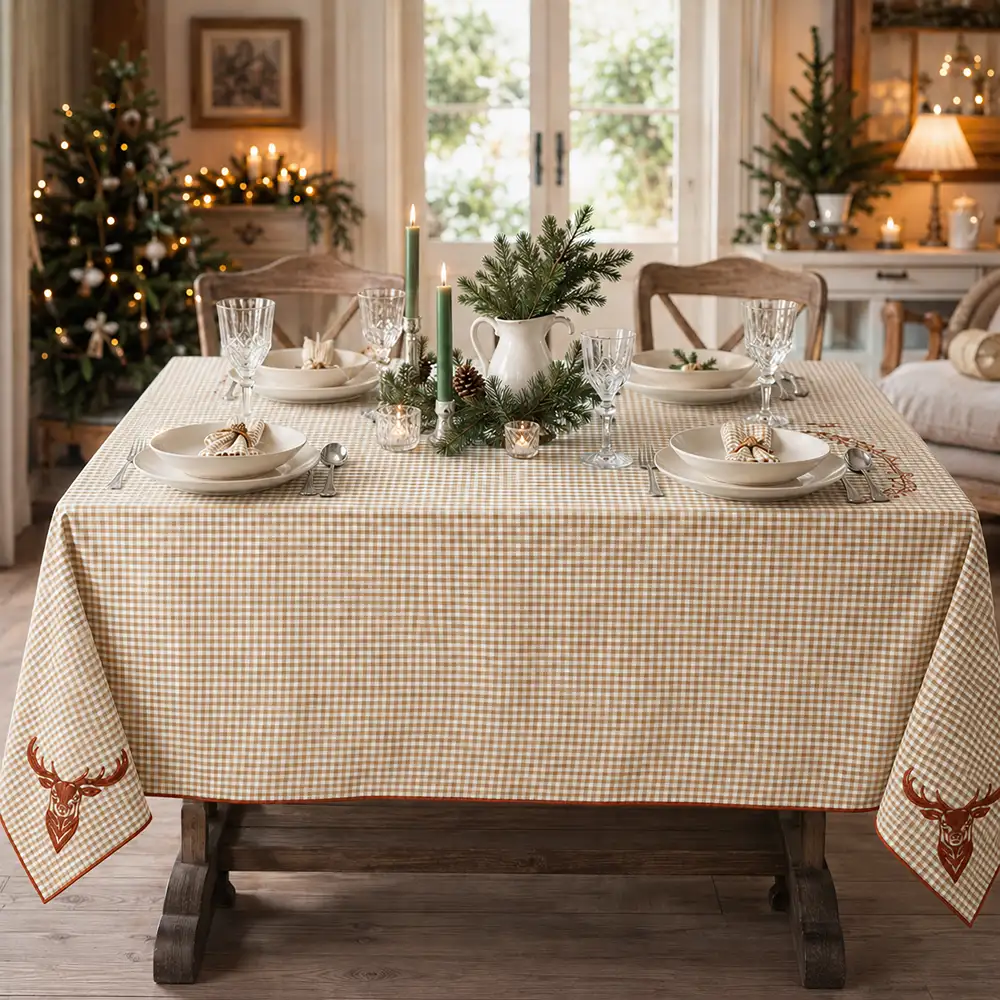 Nappe de Noël L’Atelier 17 Rudolph en coton vichy beige, avec rennes brodés aux angles et liseré vert, dimension 150x180 cm.