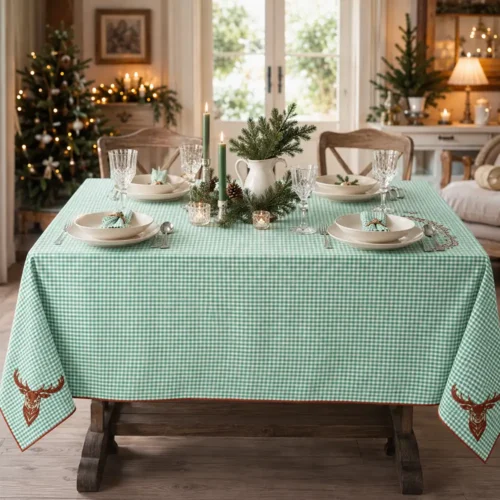 Nappe de Noël L'Atelier 17 Rudolph en coton vichy vert et blanc avec renne brodée aux angles, mesure 150x180 cm.