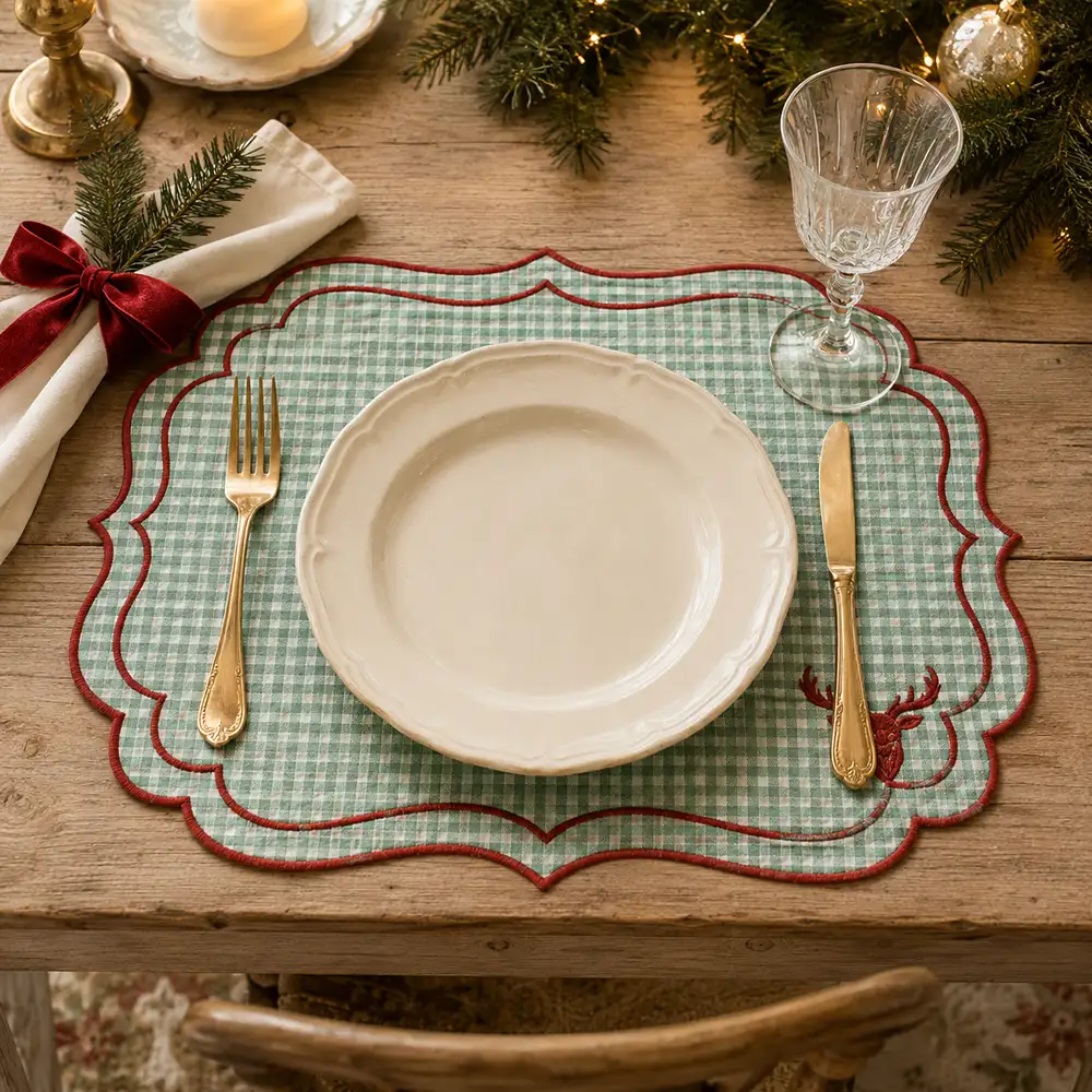 Set de table de Noël L'Atelier 17 Rudolph en coton Vichy vert et blanc, galbé avec bordure rouge et broderie renne.
