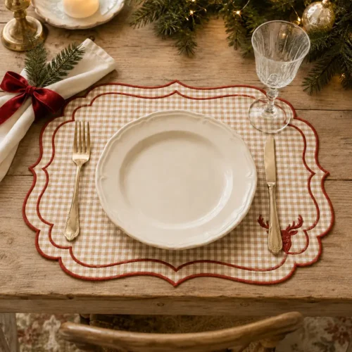Set de table L'Atelier 17 Rudolph en coton Vichy blanc et beige, festonné avec bordure rouge et broderie renne.