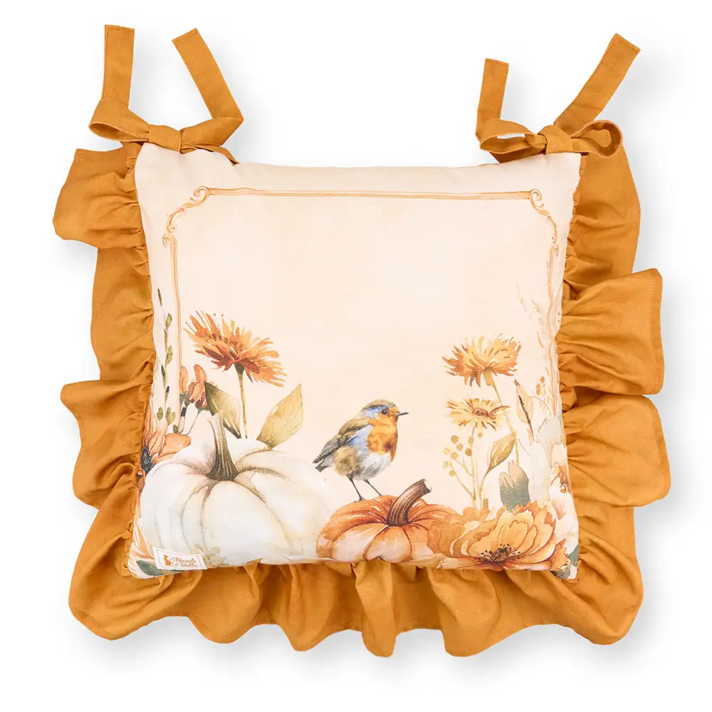 Cuscino sedia con zucche e pettirosso Racconti d’Autunno 40 x 40 cm