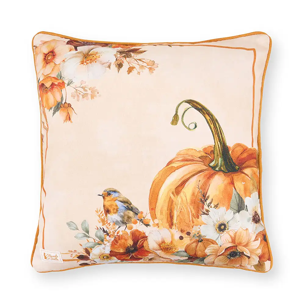 Cuscino arredo con zucca e pettirosso Racconti d’Autunno 40 x 40 cm