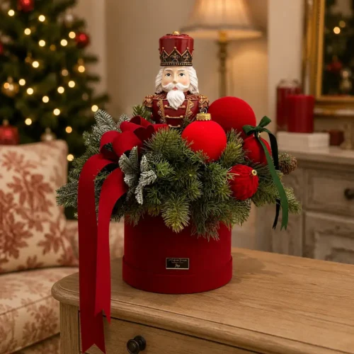 Centro de mesa navideño de terciopelo rojo con un cascanueces, ramas de pino, bolas rojas y cintas decorativas largas.