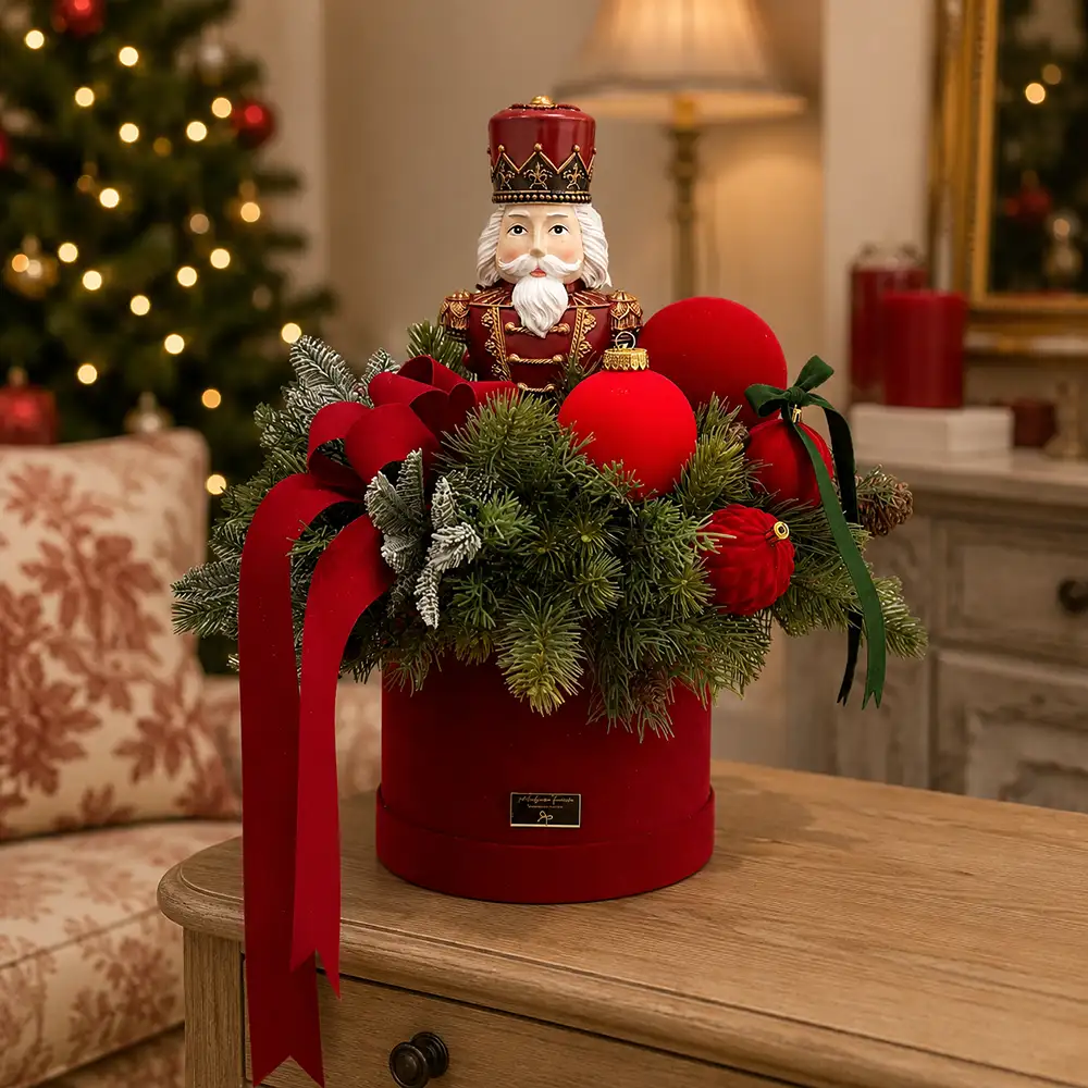 Centro de mesa navideño de terciopelo rojo con un cascanueces, ramas de pino, bolas rojas y cintas decorativas largas.