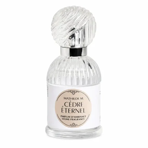 Ambientador Mathilde M Cèdre Éternel de 30 ml en frasco de cristal acanalado, con tapón decorativo transparente y detalles plateados.