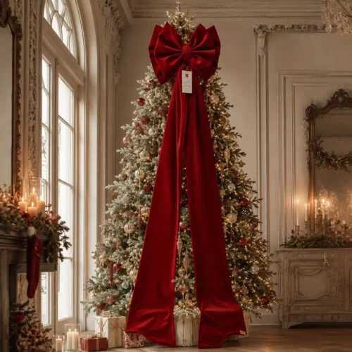 Grand nœud décoratif rouge aux larges plis, avec un nœud central et de longues pans en tissu effet satin.
