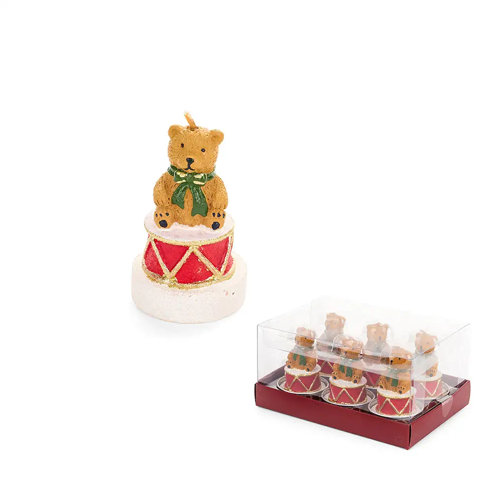 Set 6 candele t-light natalizie con orso su tamburo