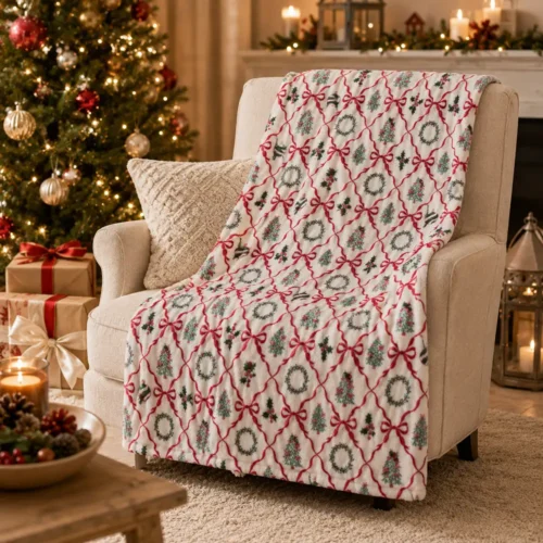 Plaid natalizio Blanc Mariclò bianco con stampa di fiocchi rossi, alberi di Natale, ghirlande, agrifoglio e palline decorative, in morbido poliestere 140x170 cm.