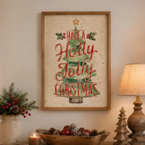 Quadro natalizio Holly Jolly in legno e metallo 35 x 50 cm