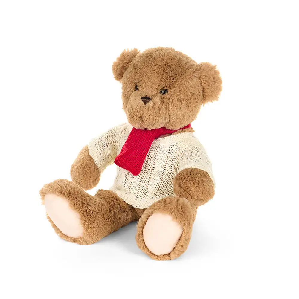 Peluche orso con maglione bianco e sciarpa rossa h 20 cm
