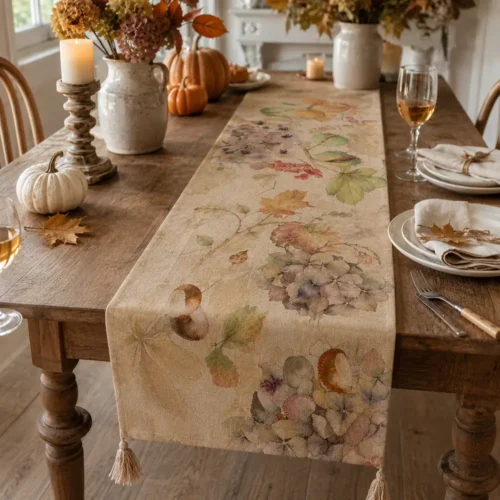 Runner Blanc Mariclò Promenade in cotone con stampa autunnale di ortensie, foglie, castagne e bacche, dettagli ricamati e nappe agli angoli, misura 50x180 cm.