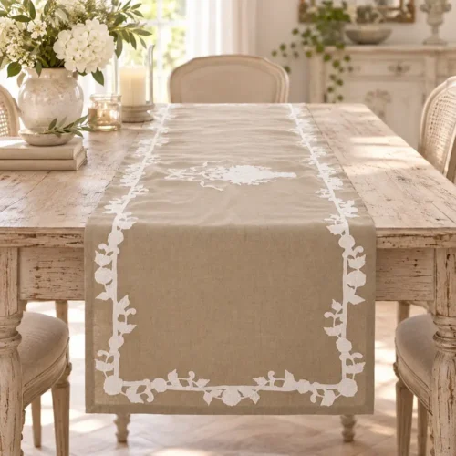 Blanc Mariclo Runner Provenzale Beige con ricamo bianco 50x150