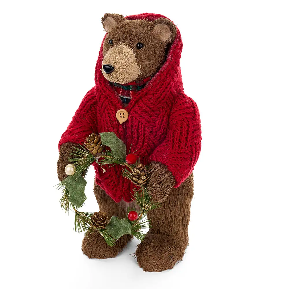 Orso decorativo natalizio con maglione rosso e ghirlanda 18 x 17 x 33 cm