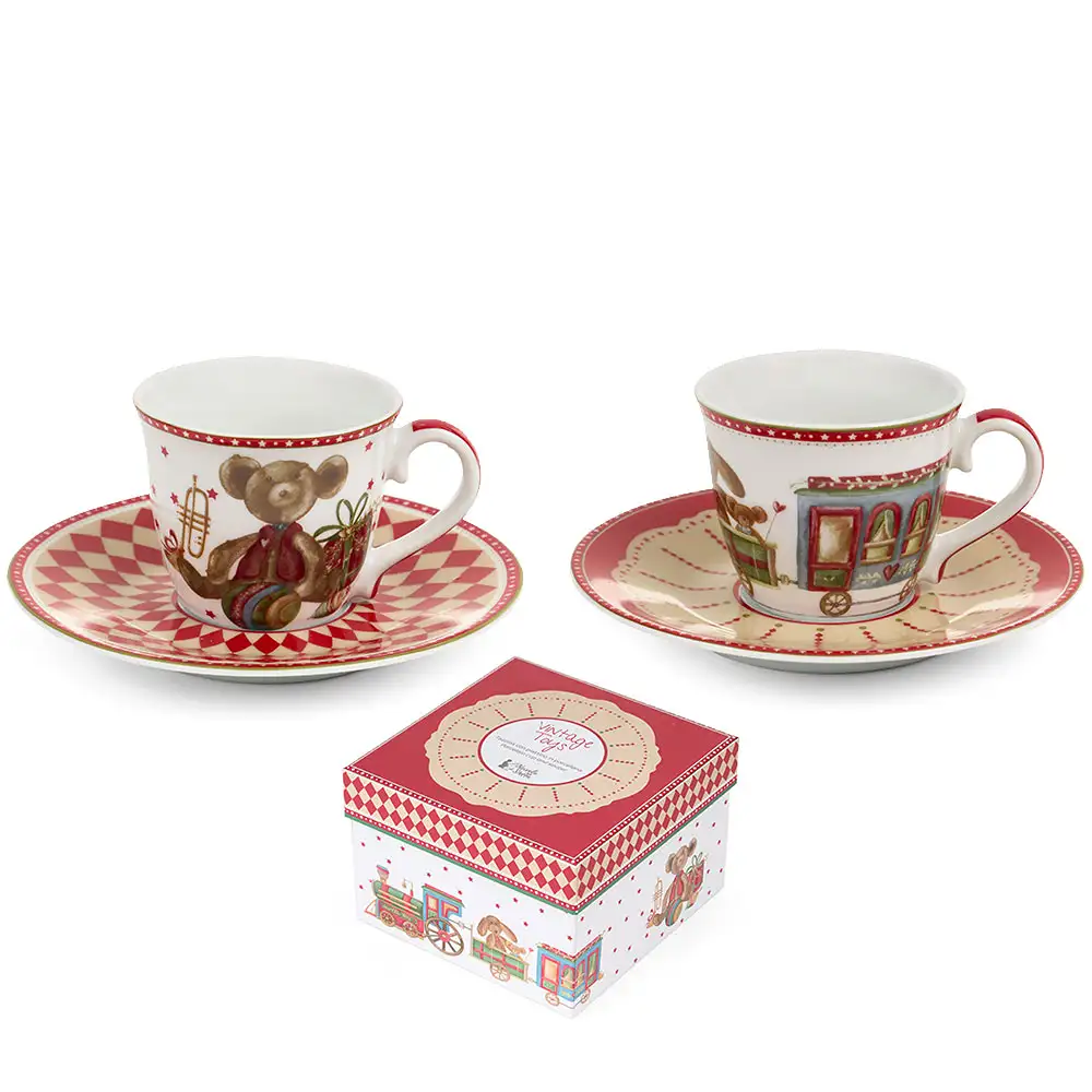 Set 2 tazzine con piattino Vintage Toys in ceramica 90 ml