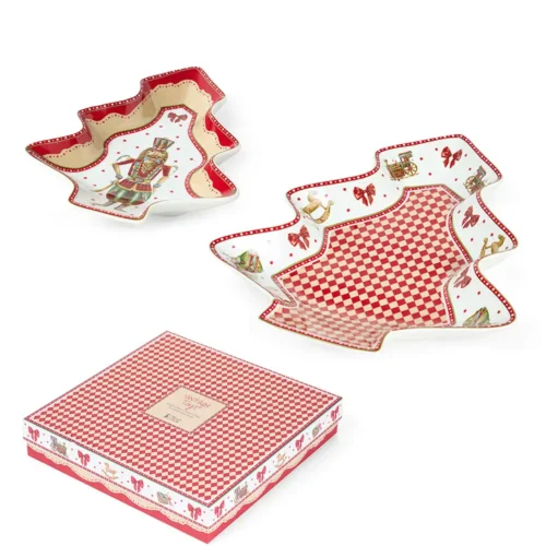 Set 2 piatti natalizi a forma di albero in ceramica 19 e 27 cm