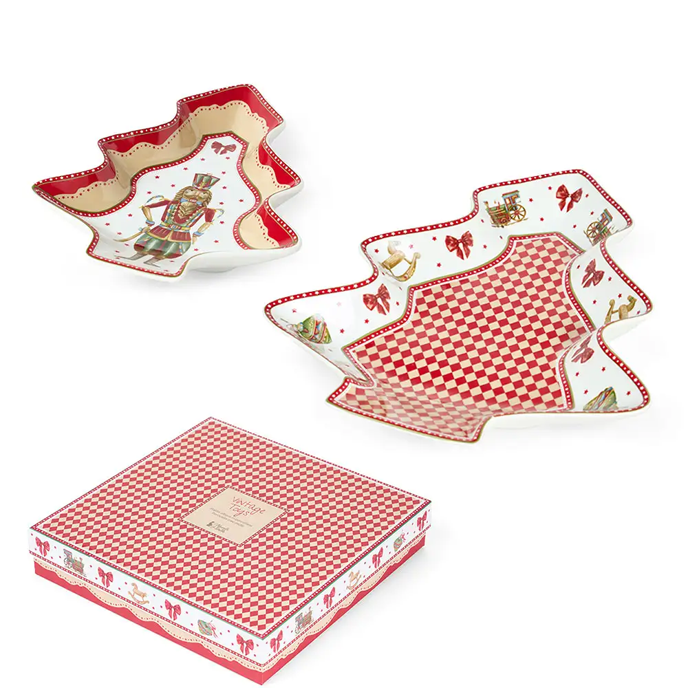 Set 2 piatti natalizi a forma di albero in ceramica 19 e 27 cm
