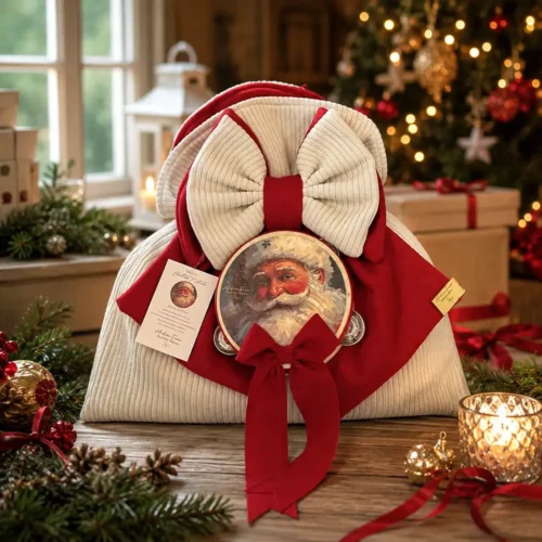 Sacco delle Dolcezze Antico Natale rosso e avorio con grandi fiocchi e tamburello raffigurante Babbo Natale.