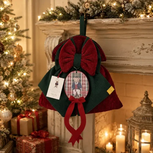 Sacco delle Dolcezze Lord verde e rosso con grande fiocco, medaglione ovale tartan con orsetto e nastri pendenti.