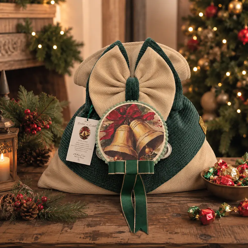 Sacco delle Dolcezze beige e verde con grande fiocco, tamburello decorato da campane dorate e nastri pendenti.